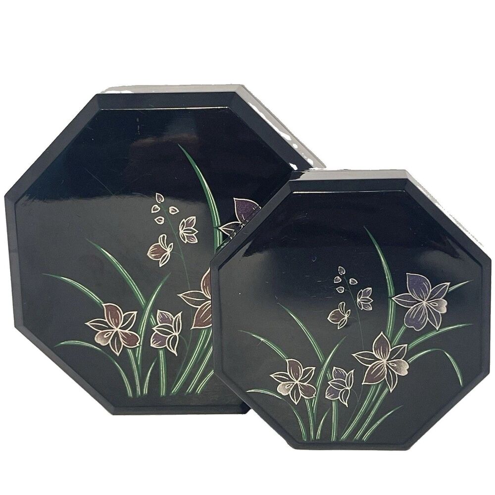 Vintage Nesting Set of 2 Black Floral Octagon Trinket Jewelry Box Stacking Iris